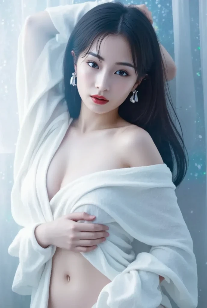 ultra detailed 8k cg, (masterpiece:1.2), ultimate quality, (official art:1.1), (flawless beauty face, beautiful, aesthetic:1.2), best quality, highest quality, perfect lighting, top quality, (White, tender, smooth, elastic, firm, fluffy skin:1.2), detailed skin details, blush, makeup, red lips, <lora:add_detail:0.8>, (fantasy-like concert stage background), sharp focus, face focus, (thighs up shot:1.4),
3d render, cgi, symetrical, octane render, 35mm, bokeh, 9:16, (intricate details:1.12), hdr, (intricate details, hyperdetailed:1.15), (natural skin texture, hyperrealism, soft light, sharp:1.2), 
1girl, intricate details, blue eyes, small mouth, pale skin, (snow white:1.2), soft light, best illumination, High contrast, perky breasts, cleavage, slim body, stretch, 
Breathtaking woman, ethereal space, floating orbs, shimmering radiance, ((topless, fantasy-like ultra-sexy miniskirt with no panties:1.4)), vibrant and flowing, mesmerizing dance of orbs, soft, ethereal glow on her, galaxies within floating orbs, graceful and serene presence, realism blended with creative fantasy, wonder and awe-inspiring.