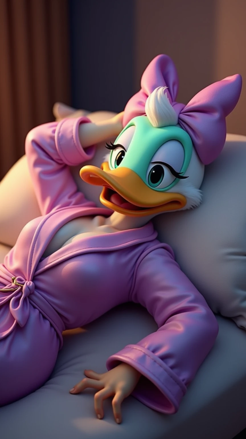 [glamrockchica], [FNAF:_Security_Breach], [Uploaded to e621.net; (Foxovh), (Pixelsketcher), (mayosplash], ((masterpiece)), ((HD)), ((solo portrait)), ((bird's-eye view)), ((furry; anthro chicken girl)), ((detailed feathers)), ((detailed shading)), ((beautiful render art)), {anthro chicken; white feathers, (white feather tail), (orange talon feet), (yellow beak), purple eyes, black pupils, (tied-up hair with pink bow), small boobs, (beautiful legs), (camel toe), (excited smile), (mouth open)}, {(pink latex leotard), (cleavage), (green fingerless gloves), (green latex tiger-striped bracers), (green legwear), (two different color legwear on each leg)}, {(on bed), (laying on back), (hands on head), (looking at viewer)}, [background; (bedroom), (bright neon lights)]