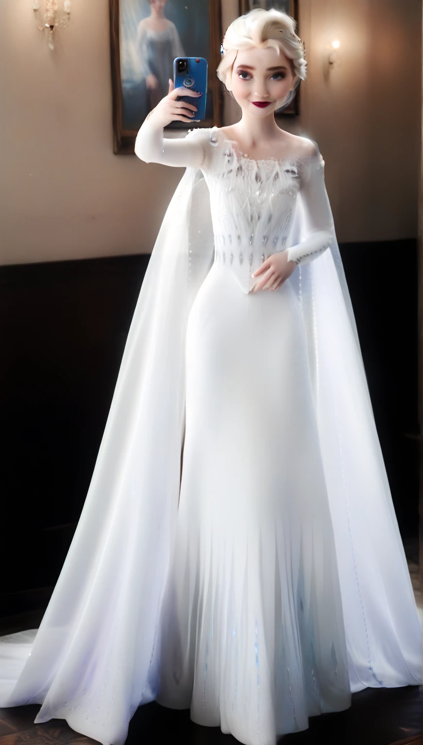 The beautiful and ruthless Snow Queen。 Slim body。 A gorgeous ice dress。Very small breasts。Long and narrow face。 Ice Palace、Ice Throne