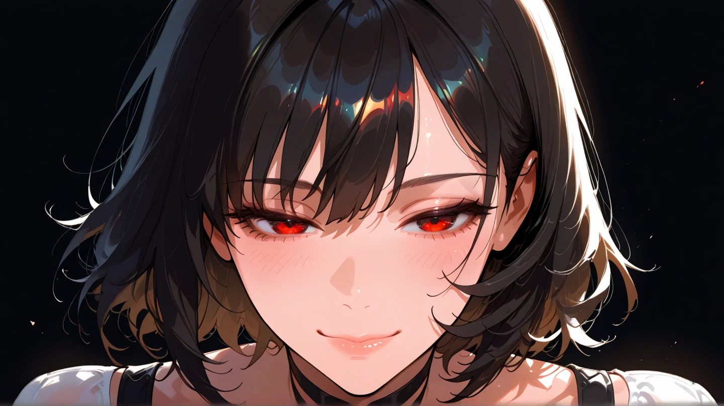 
masterpiece, Score_9, Score_8_up, Score_7_up, rear view, 1 woman, alone, dark black hair, very short hair, long parted bangs, gold and orange eyes, half-closed eyes, parted lips, expressionless, pale skin, large breasts, top body, black Nightgown with transparent V-neck, long open bangs, with a mole under the mouth, cut style (boy), No bangs.
