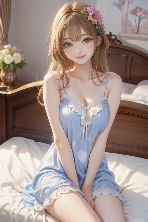 a woman in pijama sitting on a bed, photo realistic, curly yellow hair, cobalt blue eyes, smiling, upper torso included, a-pose, armpit, :6, dressed in a frilly ((lace)), beautiful render, nagasaki, photo of the girl, cougar, 