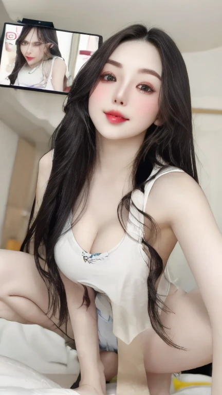 mature girl, big breasts, transparent sheer negligee, (8K, high resolution, Best Quality, function: 1.2)、((full body)), RAW girl portrait, High resolution, best quality, (big breasts,:1.8) , ( Natural Skin Texture, Skin Details, Hyper-Realism, ultra-sharpness), Sexy woman, Firm buttocks, ((masterpiece, best quality, high detail)), (Photorealistic: 1.4), solo, Graceful smile, big eyes, Feathers Eyes, neck length, Absolute area, perfect face, thin lips, looking at the viewer, Highlights in the eyes, (showing the whole body: 1.7), smiling, lie down on the bed, caught by the camera from above