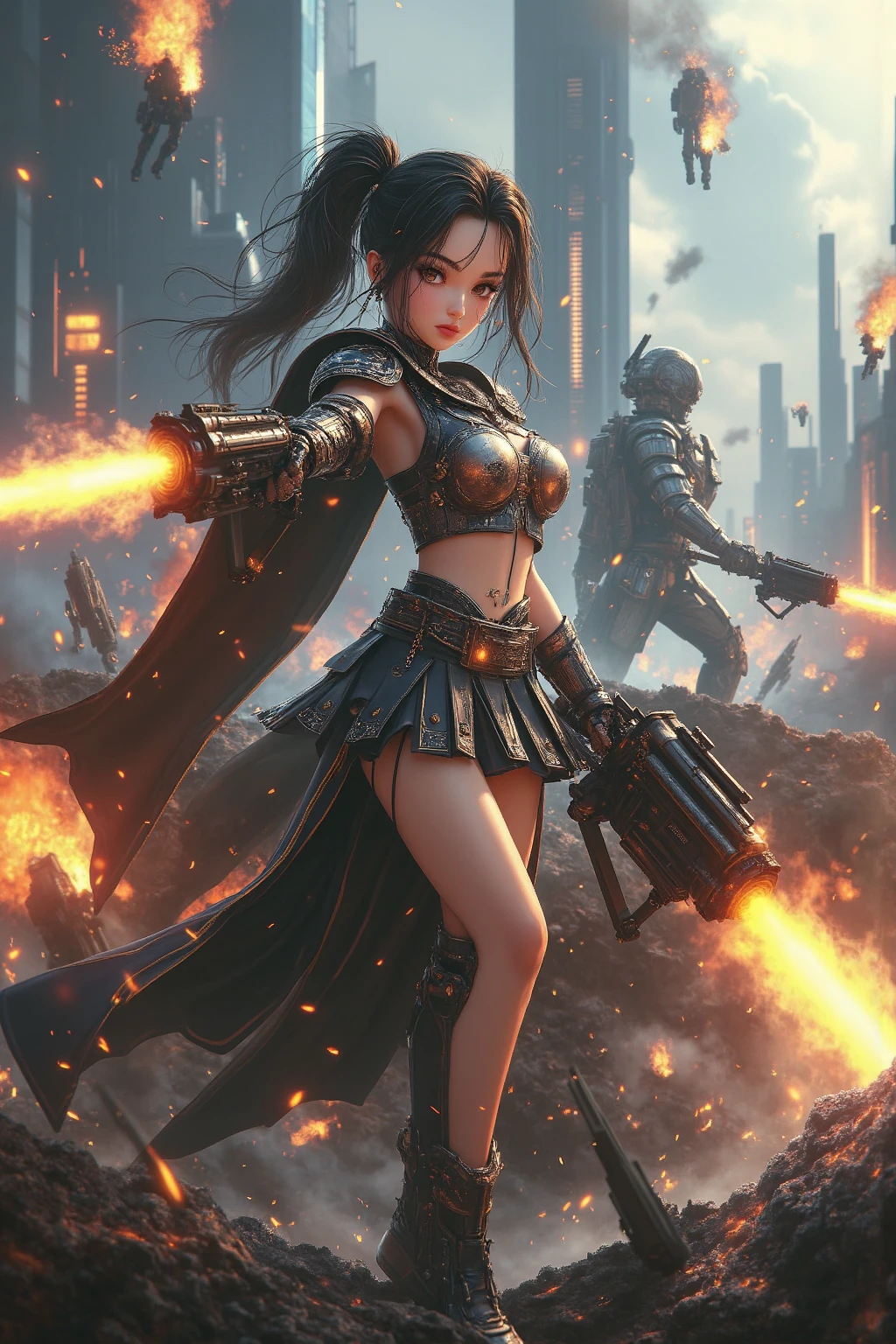 sunny mid day,8K clarity,Cinematic light and shadow,one girl,looking camera,She wore summer dress, Torn 1.6 reveal underwear,she got a gun,Run away , on back ground Flames and general destructionof of city