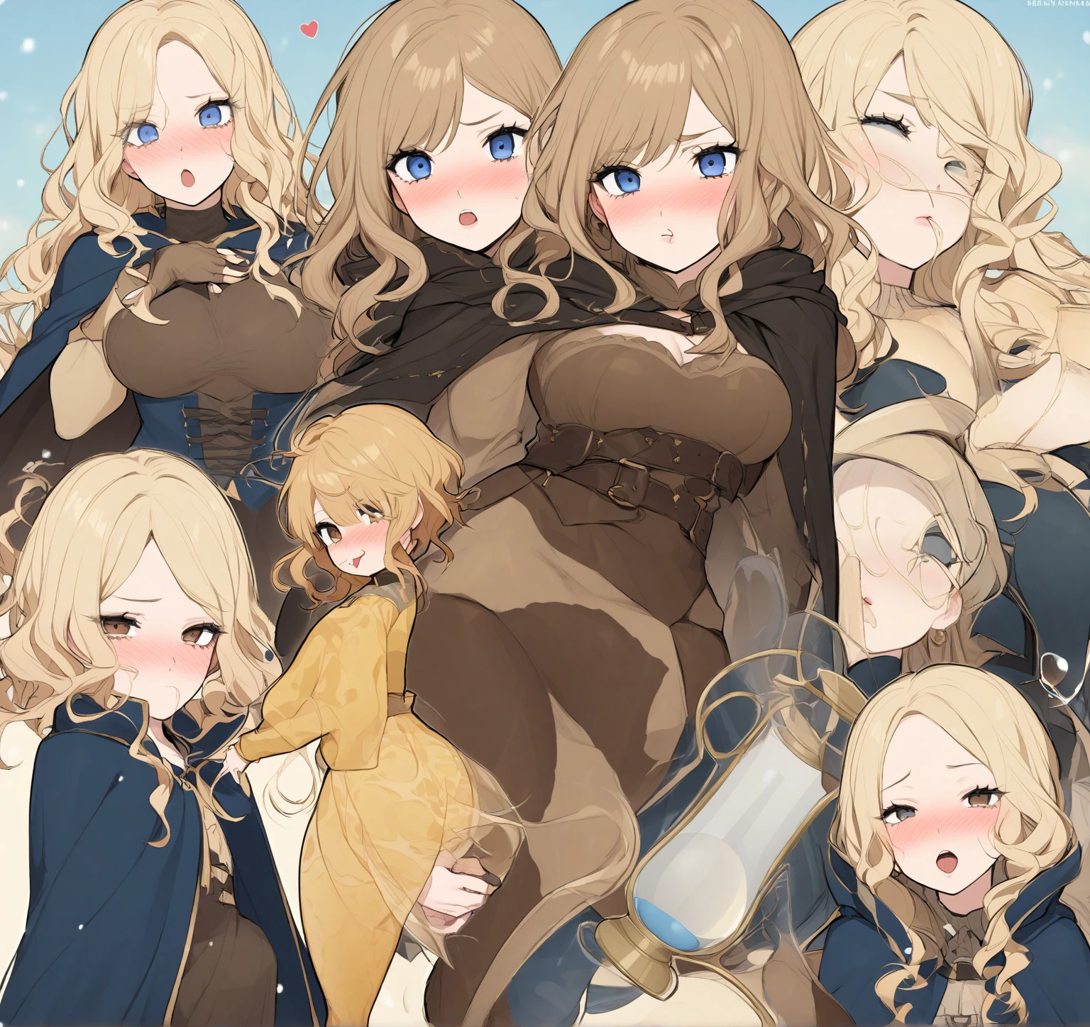 mother and daughters, standing, shortstack daughter, tall mother, wide hips, huge breasts, full body, mother with short brown hair , daughters with blonde twintails hairstyle, bikini armor