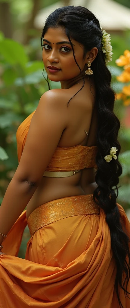 close up photo of sexy indian secretary , standing in office , grab her ass ,showing her ,bent down, figure, swooping breasts, deep cleavage, curvy, erotic kneel down, sexy armpits, seductive eyes, sultry, look at viewer and subtle smile,bra less transparent and see-through saree, red lips, ponytail, necklace, 4K, HD