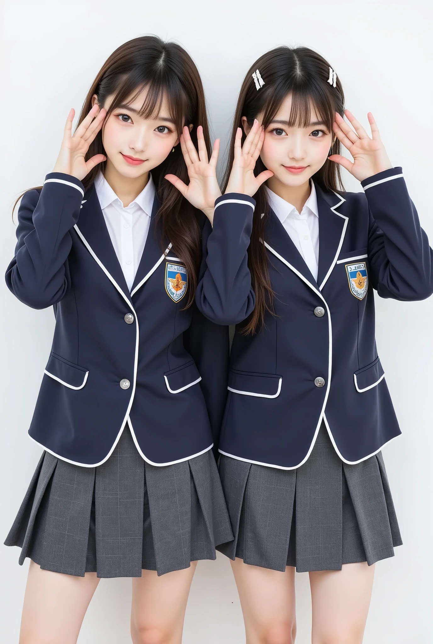 2 Japanese high school girls in Korean style, Matching outfit , blazer after face:Short length、navy blue、emblem、piping the edge with white、button, Skirts:Tight、Above the knee、Dark grey, 2 hairpins on the side of your head , Spread your hands to hide your face , 2 people sticking together perfectly , men and women wearing clothes