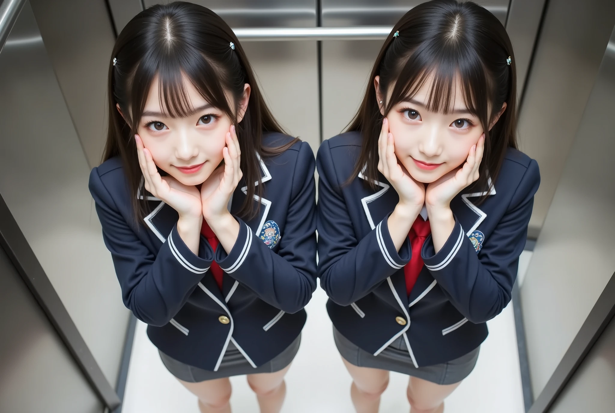 ((High Angle 2.0)), (shot from above), in Korean style, age 16, Matching outfit , blazer after face:Short length、Shortness to the waist、navy blue、emblem、piping the edge with white、button, (Skirts:Tight、Above the knee、Dark grey), red tie , white shirt, ((2 hairpins on the side of your head)) , (((They hide each other's mouths with their hands)))) , ((stick your face perfectly )), (in a silver elevator)