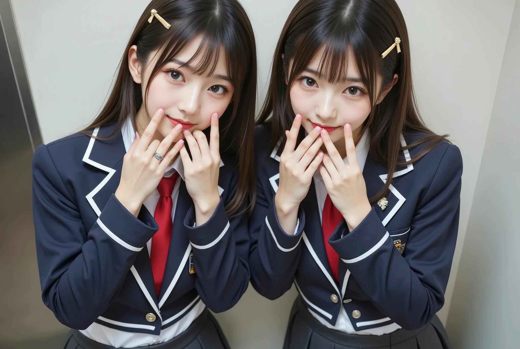 ((High Angle 2.0)), (shot from above), in Korean style, age 16, Matching outfit , blazer after face:Short length、Shortness to the waist、navy blue、emblem、piping the edge with white、button, (Skirts:Tight、Above the knee、Dark grey), red tie , white shirt, ((2 hairpins on the side of your head)) , (((They hide each other's mouths with their hands)))) , ((stick your face perfectly )), (The corner inside the silver elevator)