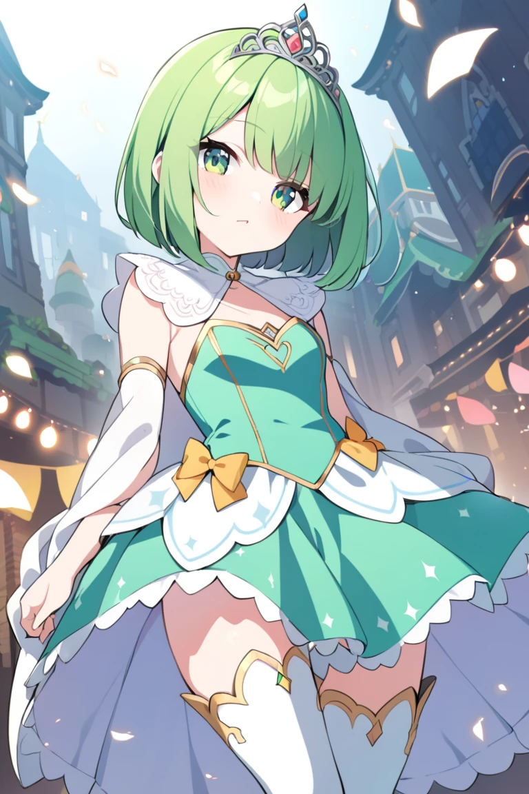 cowboy shot,standing,princess, pink and silver hair color, short hair,side braid,wavy hair,tied hair,hair scarf,green princess dress,cleavage,holding the skirt with both hands,princess tiara,green aqua eyes,earrings,necklace,light smile,UHD,masterpiece,ccurate,textured skin,highres,alone