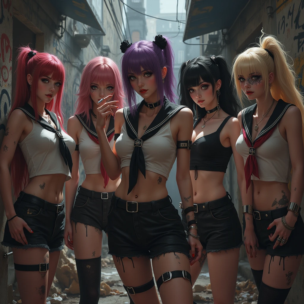 16K, HDR, RTX, ray tracing, best quality, masterpiece, ultra high quality, 3 girls, anime protagonist, tall, mature, cool, edgy, stylish cyberpunk outfit, multi colored hair, heroic drip, aesthetic, amazing, cool, beautiful, mesmerizing, alluring, ethereal, multicolored, highly detailed faces