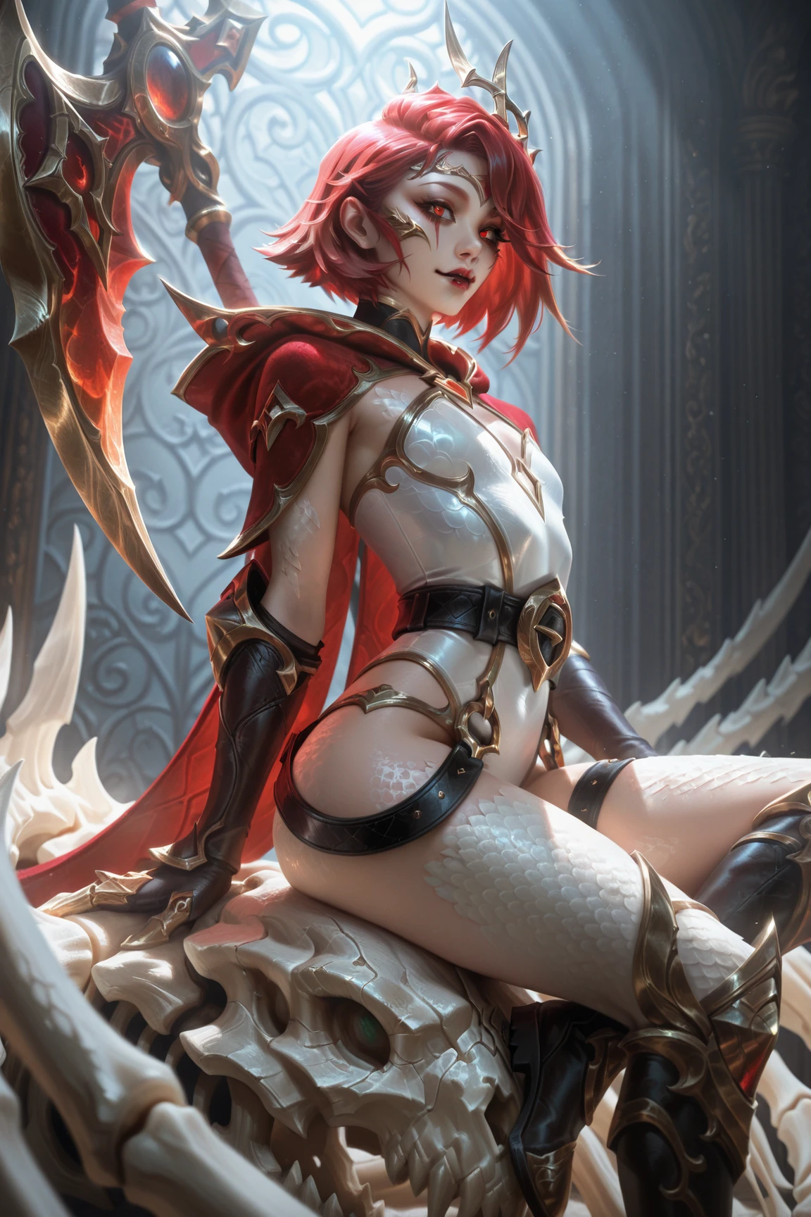 (masterpiece, best quality:1.2, NSFW), intricate details, blood moon evelynn, 1girl, oni horns, japanese clothes, choker, cleavage, hair ornament, mask, naked, showing pussy, showing , ahegao, creampie, hentai, mature woman, milf, full body, front side