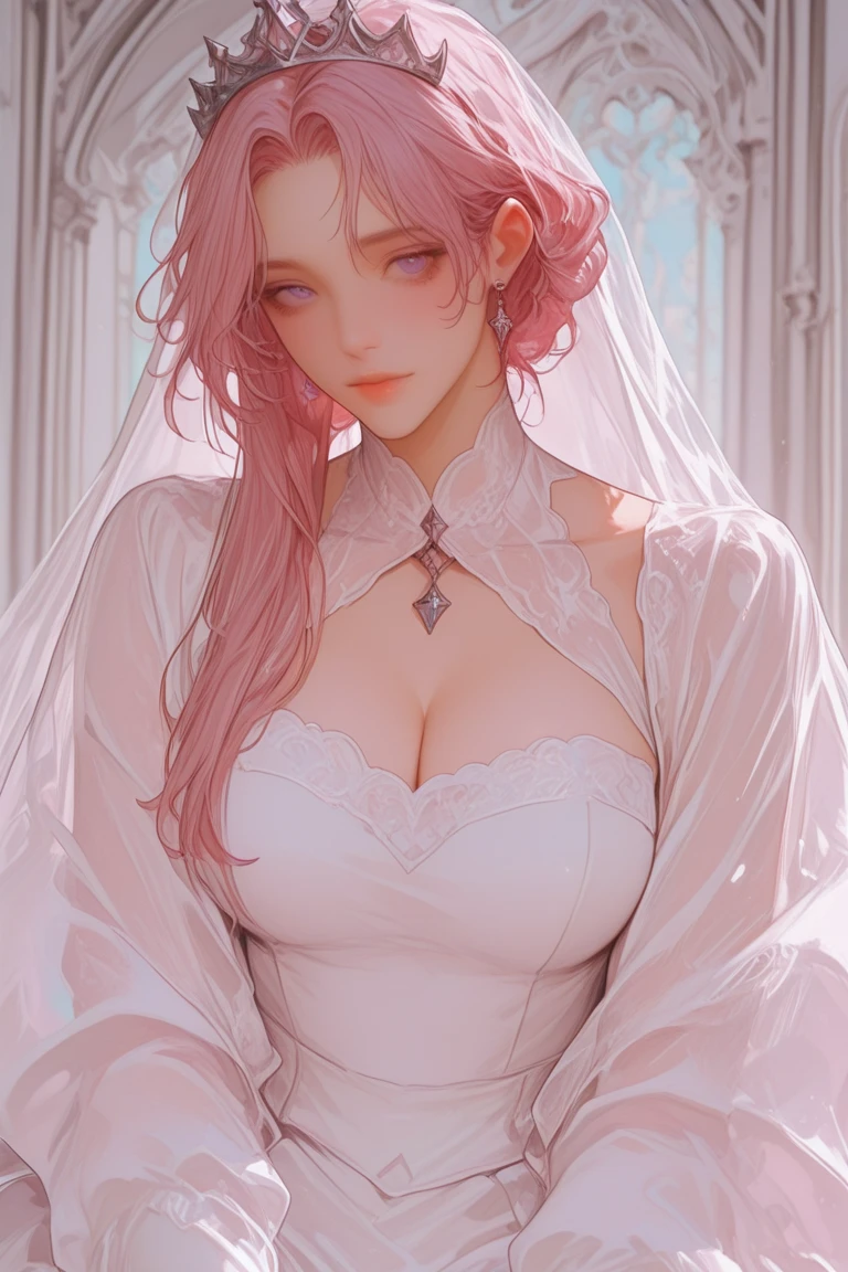 {(Best Quality, 8K, masutepiece, nffsw, Soft lighting, image perfect, Digital Illustration, manhwa art, super detailed image, Perfect lines, Realistic)} 1 very handsome, short blonde hair, Eyes are yellow, luxurious clothes (imposing posture, Smiling), (1female、Pink hair、Long、short、Best style、F-cup、see-through sexy dress、Beautuful Women)