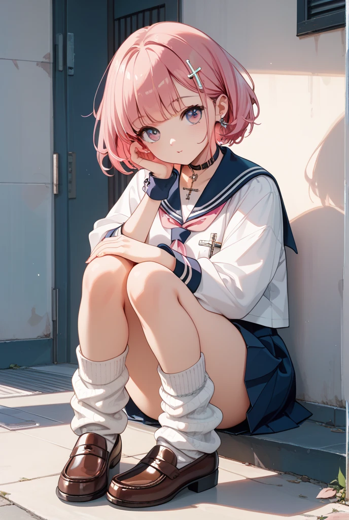 high-level image quality、top-quality、Does not blush cheeks、Slender beauty、{School swim wear}、short hair of pink color、Holding your knees