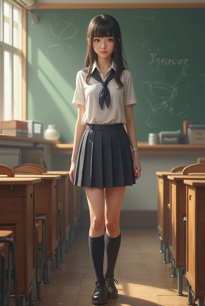 Asian woman dressed as a schoolgirl with big breasts and pigtails