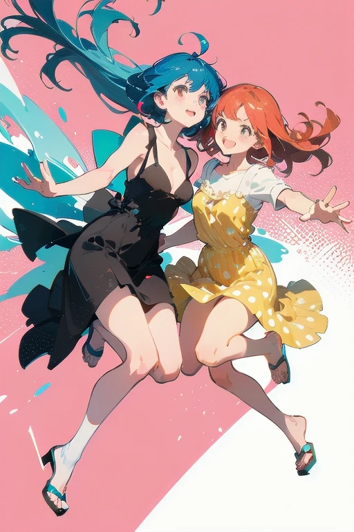 Create a sensual girl who is wearing a short black strapless top and a short green skirt and has yellow eyes dancing sensually with another girl who has blue hair and brown eyes and is wearing a short tank top with a flower design next to a white skirt and both wearing black high heels