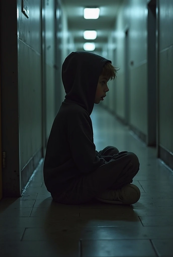 A boy sits scared in a dark hallway