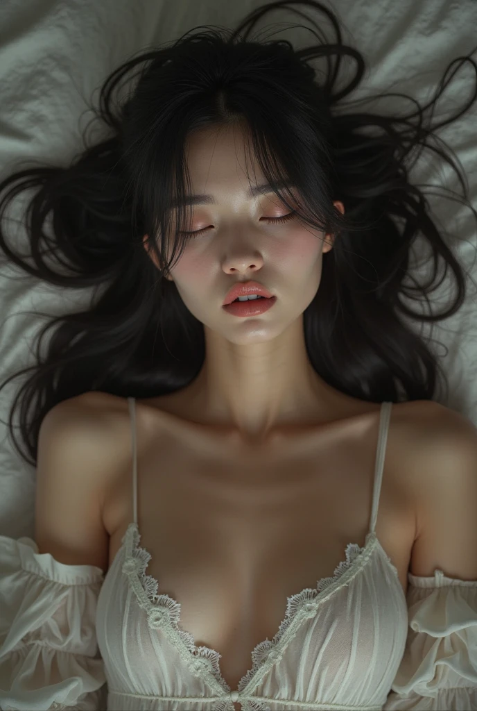 Japanese women in their late teens Open uniform Disheveled long hair Sexy 1 person Masturbation Photograph the whole body sleep on your back on the bed Beauty