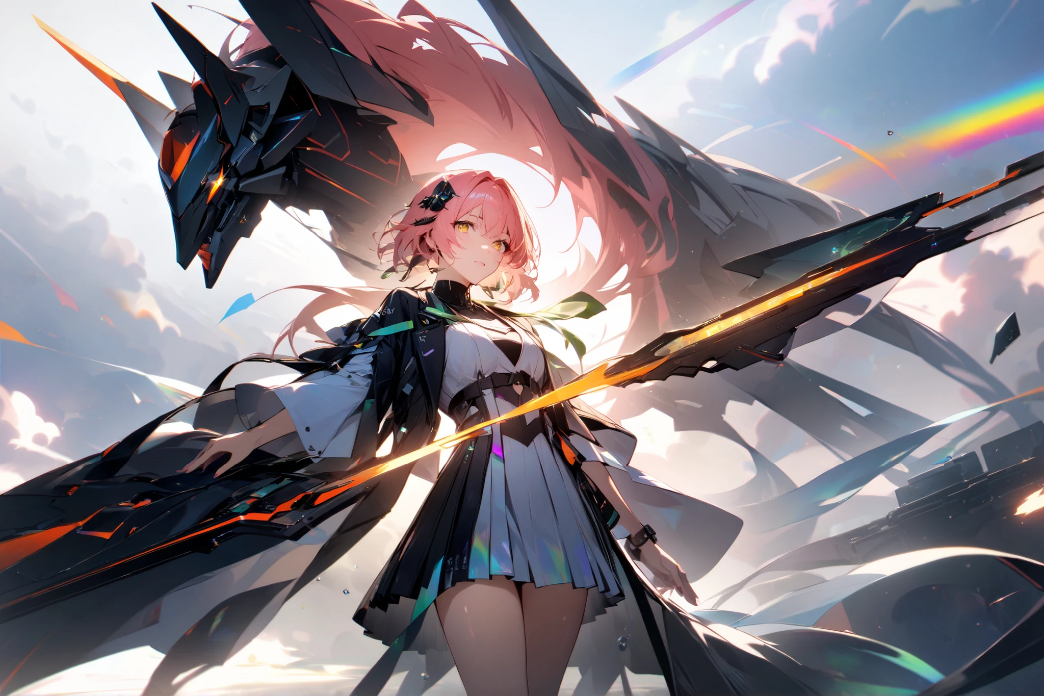 score_9, score_8_up, score_7_up,source_anime, best quality, masterpiece,1girl BREAK (目の前に届く長い前髪:1.2), BREAK(pink hair:1.5), long poneyTail,gold eyes,鋭い瞳孔,美しい肌 ,shiny skin,school uniform,BREAK rainbow reflections,(羽根が機械の翼に生える:1.5),translucent, glass-like,ホログラムの額飾り, iridescent, holographic colors,sparkle,glowing,BREAK (メカニカルアーム:1.3 ) ((メカニカルレッグ:1.3),An aesthetic fusion of living organisms and machines, Combining the definitions of life and machines, Biological Machines, BREAK ,グリーヴ, Creating aesthetic objects with a purpose, Formation of a unique form, BREAK 篭手,Detailed and precise machinery, A sense of dynamism hidden in silence and stillness,曲線で構成された有機的なデザインの装備,ethereal glow,(武器を持つ,アクションシーン)