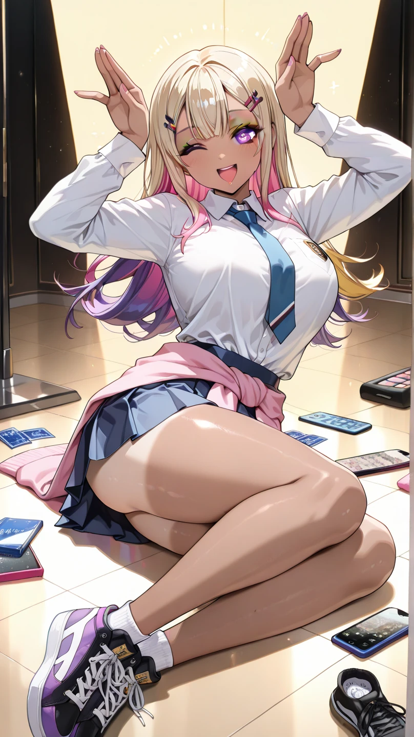 ((gyaru)), (female high-school student), ((school uniform)), ((kirt lift), panty peek, nail polish, pumps, (crop top), midriff, white shirt, open shirt, earrings, jewelry, front-tie top, ((Shining panties in satin fabric)), ((Shining bra in satin fabric)), ((fullback panties)), cameltoe, bra peek, lace-trimmed bra, lace-trimmed panties, ((huge ass)), (cleavage), huge breasts, thick thighs, hair ornament, blonde hair, streaked pink hair, (two-tone hair, multicolored hair), hair over one eye, curly hair, eyelash, eyeliner, bent over, from behind, looking back, panty shot, back shot, grin, smile, classroom, indoor, animated painting, anime colored, game cg, (glossy texture), (high contrast), tan, dark skin, ((gleaming skin, glistening skin), oiled skin, shiny skin), super detailed skin, wet skin, BREAK, extremely detailed, Hard light, masterpiece, (absurdres, high quality, best quality, perfect anatomy), highres, (1girl, solo), (full body shot),
