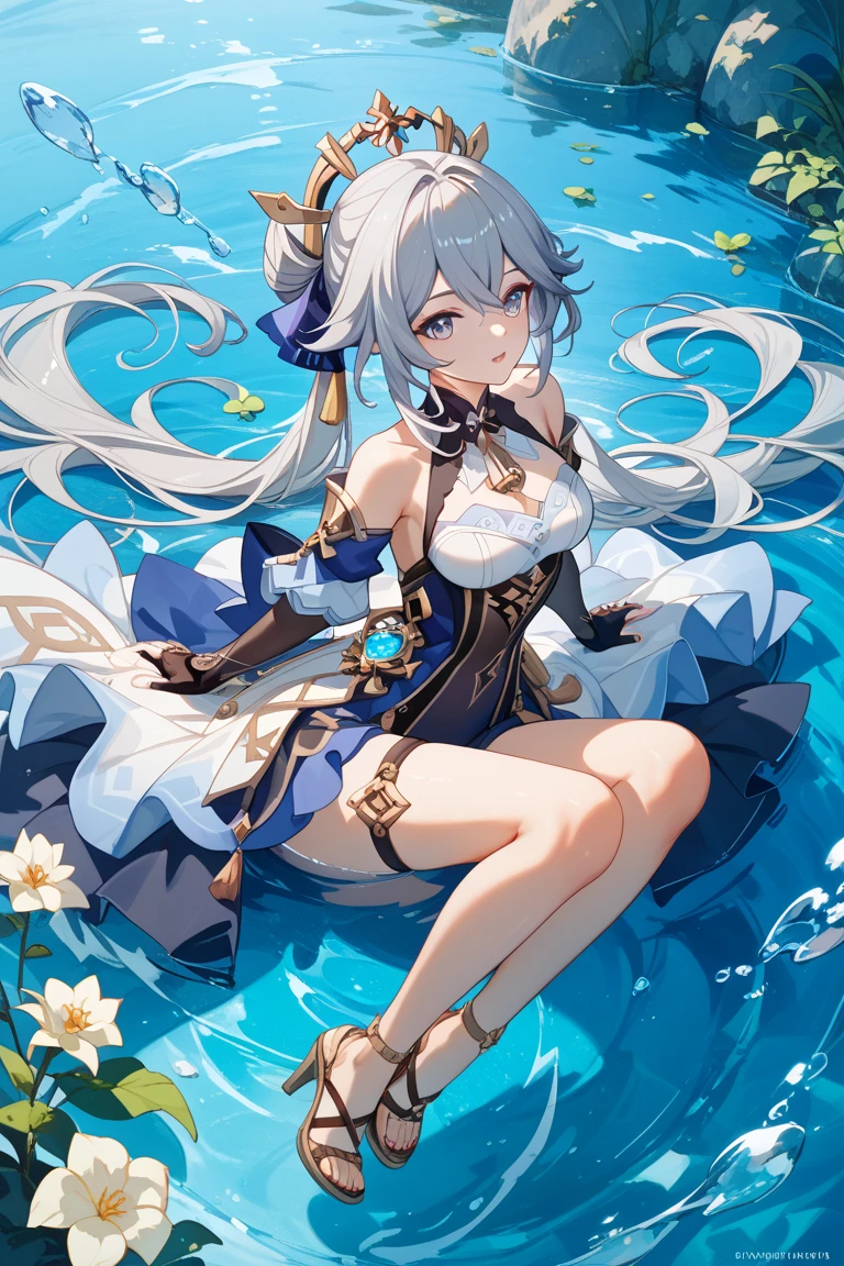 Anime girl sitting on the pier holding sword and bird, wallpaper anime blue water, anime goddess, goddess of the sea, Sea Goddess, dans la mer, azur lane style, Popular topics on cgstation, From《Azur route》videogame, Queen of the Sea Mu Yanling, Popular topics on artstation pixiv, splash ink art anime loli