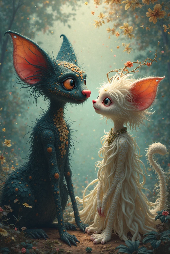 splash art, luminism, fantasy acrylic, digital painting ,  a  close up little  demonic monster gremlin  creature and a cute baby   girl with ginger hair making a group activity ,  glittering skin, cute face, big eyes, iridescent skin scales, ,  filigree, filigree details, ,hyperdetailed , big reflective eyes,  glittering painting, ,  amber,  big matte detailed amber flowers , fairytale, , golden glowing,  rim lighting, artstation, by Peter Mohrbacher , craola, rococo painting,  masterpiece,  .centered composition, perfect composition, centered, vibrant colors, 3d textural  painting, sculptural painting,  