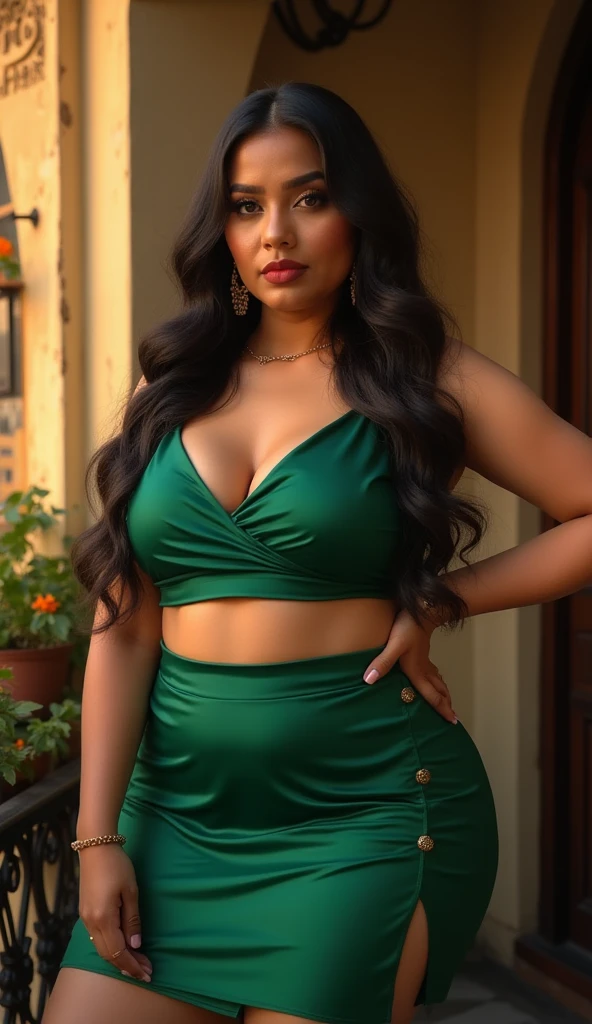 45 year old mature milf Aishwarya Rai as BOLD CORPORATE BOSS, Fluorescent green satin corporate suit, tight and unbuttoned shirt, ((high heels)), curvy mature figure milf, High ponytail, thick frame glasses, posing on the balcony, scene of the day, mature hourglass figure, look directly at the camera, adult erotic face, 45 years old mature milf body, soft volumetric lights, intricate details, (art station:1.2
