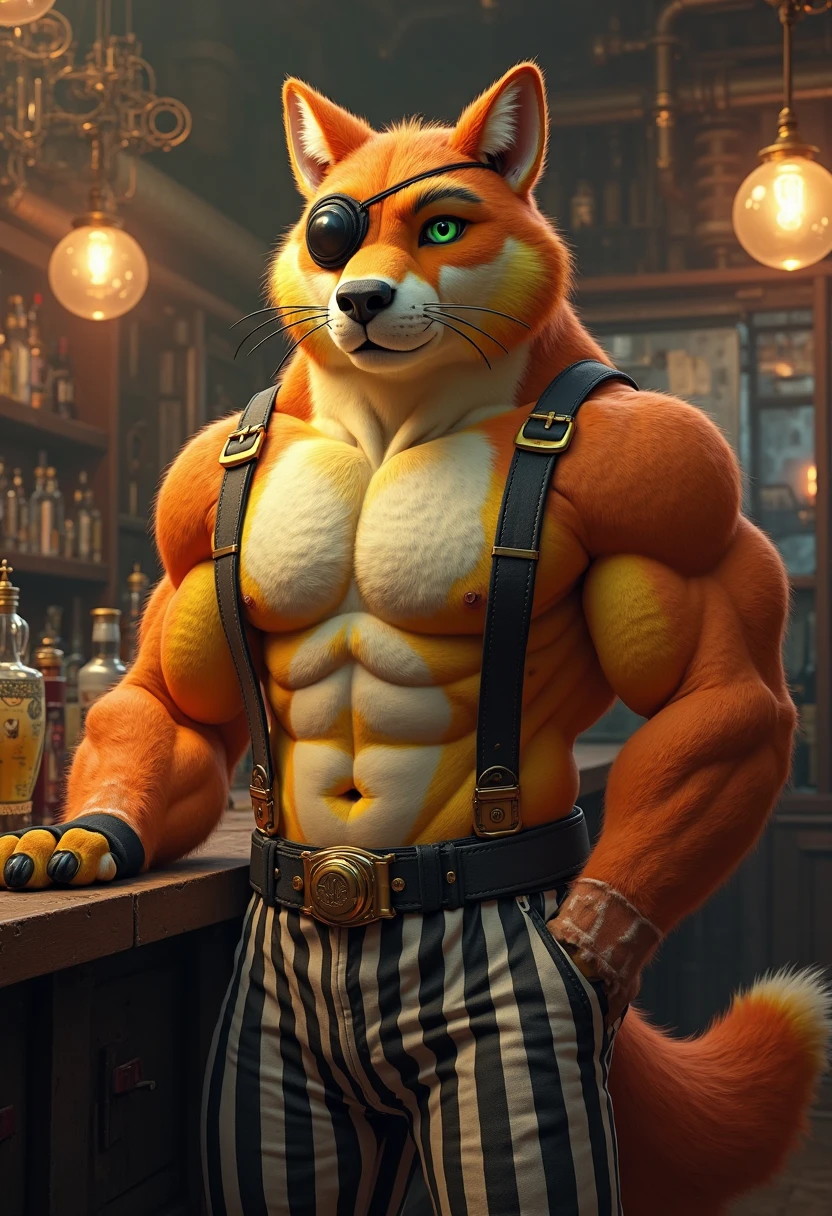 Sunset, beautiful, vibrant colors, beer, club, ((detailed bar)), indoors, masterpiece, best quality, ultra detailed, 8k, digital painting \(artwork\), POV, close-up, ultra detailed, sharp, focus, Duo, two males, male on male, male, anthro, Orange Fox, furry, standing, slightly opened mouth, canine teeth, leaning against bar, wearing sunglasses, flirting, offering drink, hand on bulge, drunk, smirk, smug, facing viewer (muscular:2.0), musclegut muscular arms, attractive, sexy, hairy, hot, daddy, dilf detailed fur, orange and white fur, detailed hands, detailed eyes, detailed face, abs, six pack, pecs, topless, open pants, undone belt, denim jeans, ripped, bulge, detailed crotch