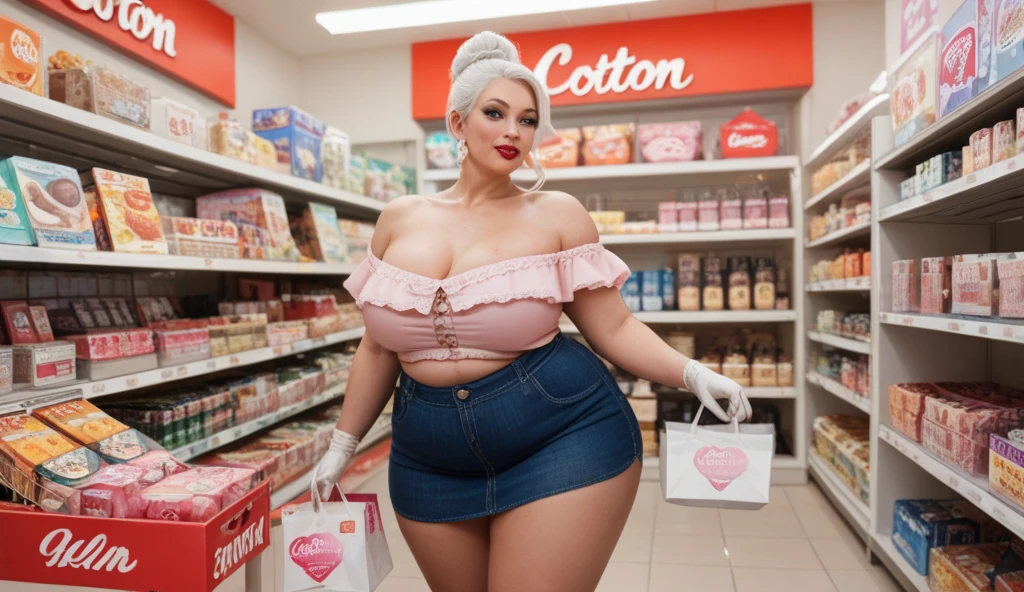 1950s pinup, Beautiful overweight punk woman, reaching, raised arm, supermarket shelves, pink blue multicoloured hair, stockings, garter belt, thick thighs, skater dress, studded belt, grabbing can, plump ass, from side, serious expression