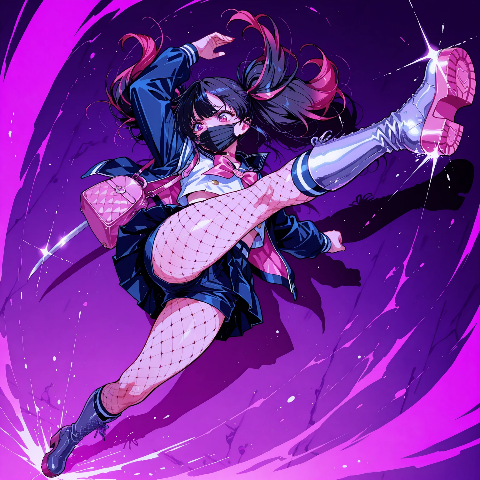 one girl,Bibi,brawl stars,slim,Japanese,black,short hair,purple jacket,Pink T-shirt,short shorts,stockings,knee-high boots,heels,bits,game character