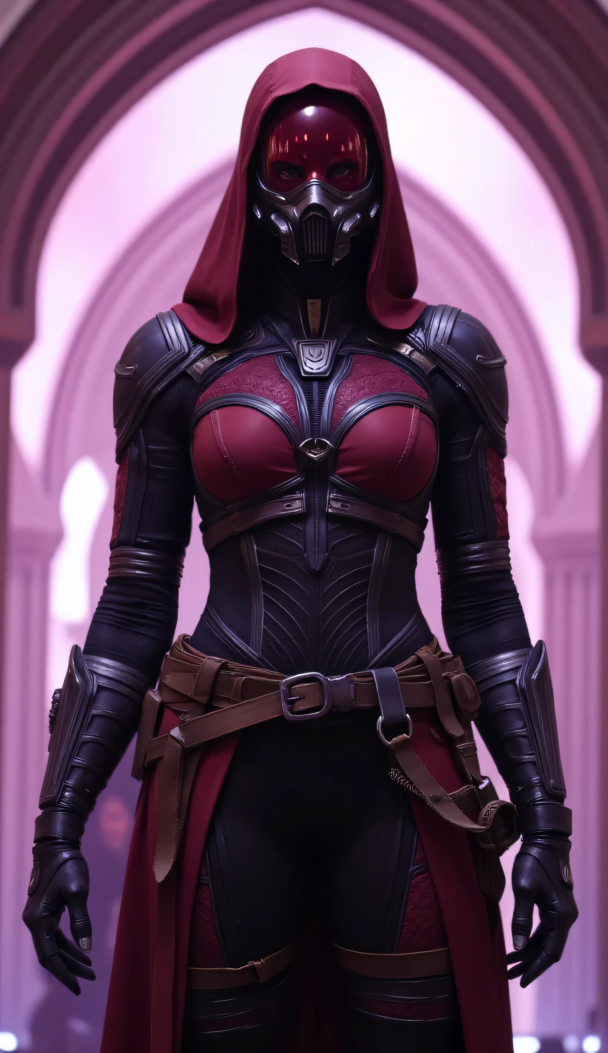 Deborah Ann Woll as Tali Zorah, futuristic character, sci-fi setting, tight detailed red and black bodysuit, intricate patterns and armor elements, full helmet with a reflective transparent red visor and a built-in breathing apparatus, deep hood with subtle ornamental designs, suit includes high-tech details, belts, straps, reinforced joints, metallic accents, glowing background, misty environment, gothic arches, ambient pink-purple lighting, mysterious ethereal atmosphere, stands confidently, heroic centered pose, cinematic style, soft ethereal glow, ultra-realistic details, sci-fi fashion