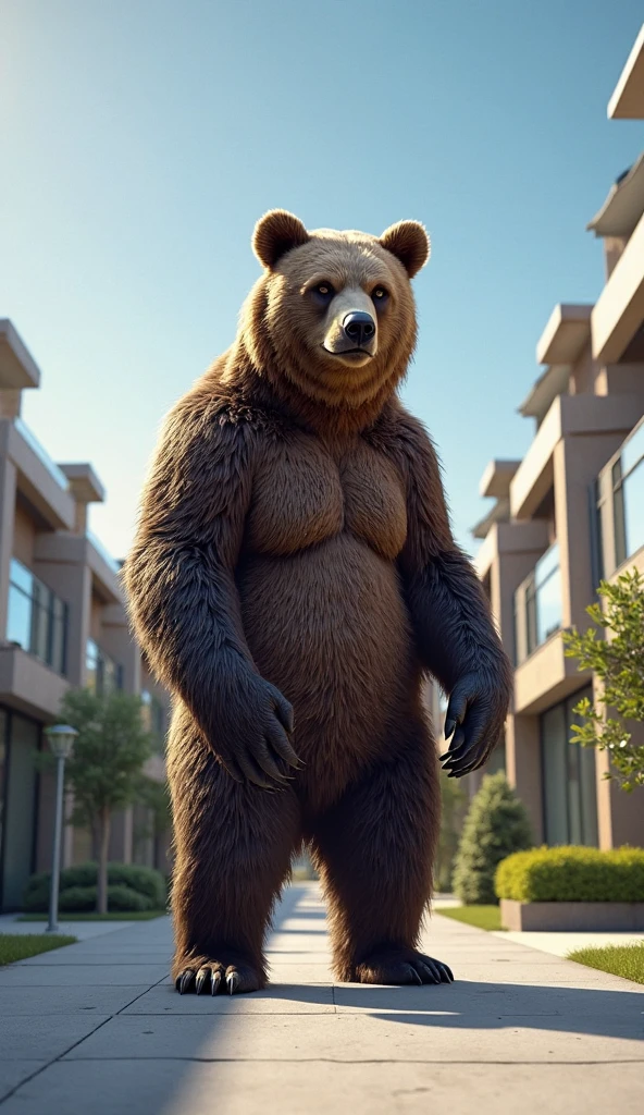 furry, fur taur, beartaur, middle-age, solo, detailed face, bear ears, bear eyes(brown), bear nose(black), bear mouth, garibaldi beard(grey), mature hair(grey), detailed arms, thick arms, muscular, thick hands(5 fingers), detailed body belly, thick body, muscle belly(white), thick chest, chest hair(grey), detailed taur body, thick taur body, thick bear paws, thick bear tail, full body shot, standing on the construction site