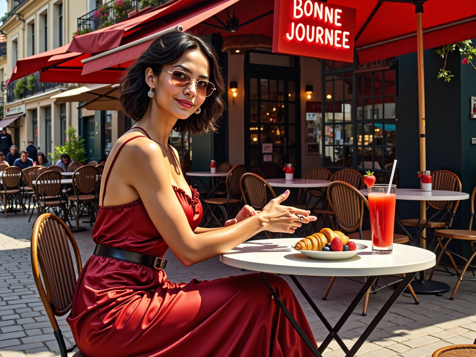 Female supermodel. Pink evening dress. Dim, soft lighting. Sunset. Sunset. Café Planetaria, Tokyo, Japan.