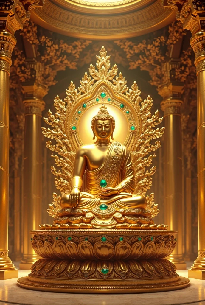 Golden Buddha statue with a shining halo on it, buddhism, the buddha, budista, Buddha, samsara, enlightenment, beautiful gold saint, Spiritual enlightenment, Pushkarakuha, Enlightenment, buddhist art, Shining golden aura, Enlightenment. Convoluted, on path to enlightenment, on path to enlightenment, radiating golden light