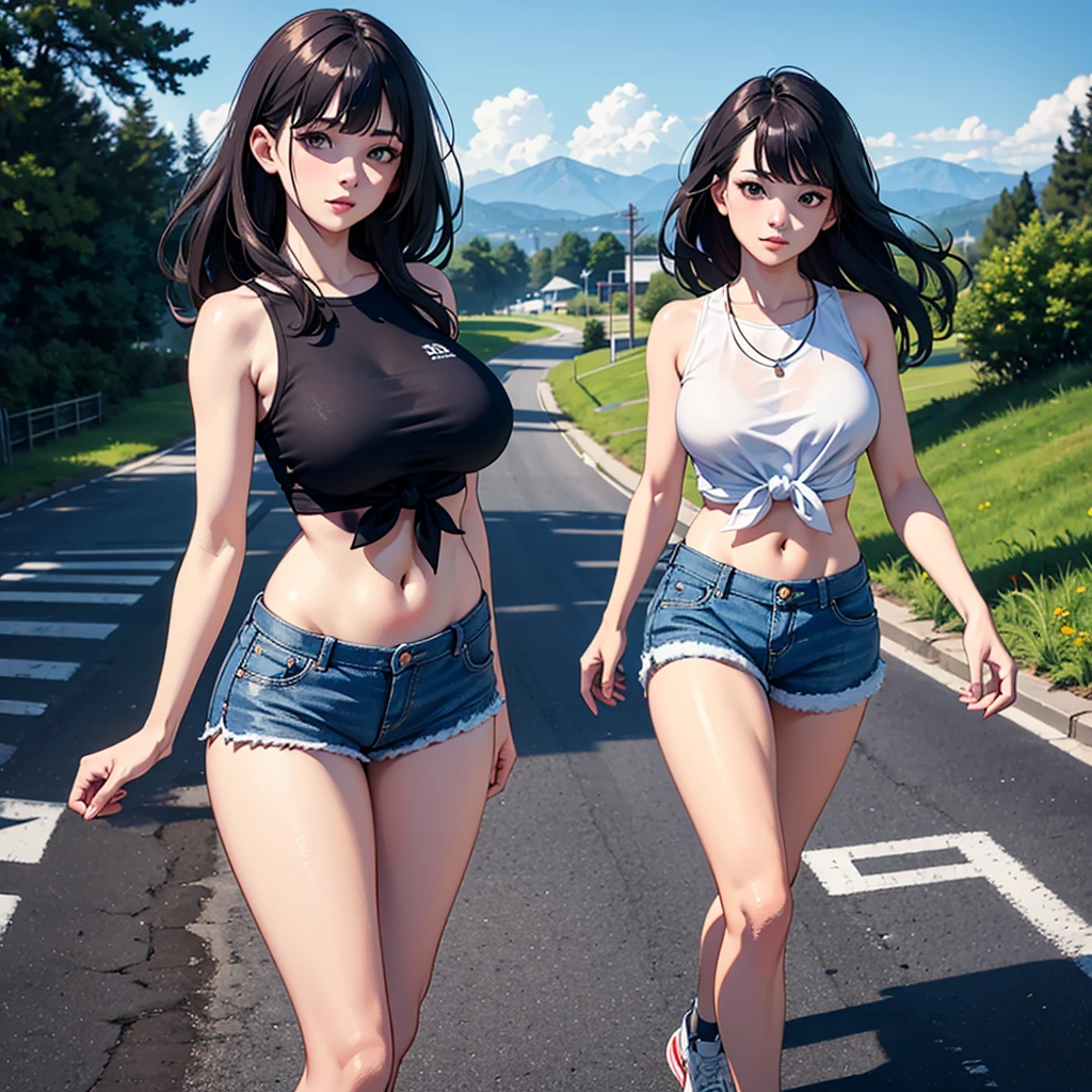 (((Fullbody))), Very Kawaii, smile, lip lips, seductive smile, Solo, Slim, Large Breasts, Plain White T-shirt, Tight Shorts, upshorts, Dynamic Angle, Park background, in the park, looking at viewer, darker shadows, (((absurdres))), (((thigh gap))), (((cameltoe))), (((sleeveless))),