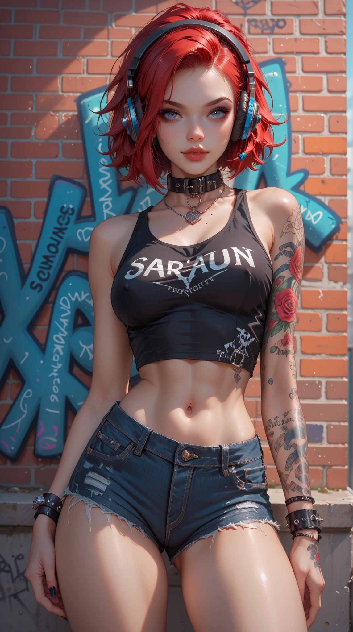A highly detailed picture of a beautifully tattooed woman, (((the word Naughty tattooed on midriff, in calligraphy font))),  posing seductively, short blonde hair, shaved sides, pixie cut, petite, small chest, black eyeliner, black lipstick, piercing blue eyes, detailed eyes, ultra detailed, tattoos, Beauty written in tattoo, (punk outfit, skimpy, revealing), photorealistic, god rays, bright light, colorful, digital art, highly detailed, fine detail, intricate, ornate, complex, octane render, unreal engine, photorealistic, 8k, 16k,