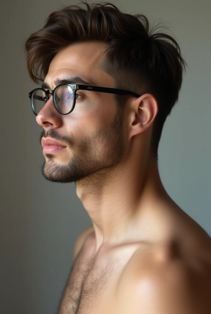 (Photorealistic photography, highres ,best quality, masterpiece:1.2), Jonas posing, young and handsome, wearing glasses, shirtless, detailed facial features, detailed eyes, detailed hands, stylish hair, no facial hair, slim athletic physique, no body hair, simple background