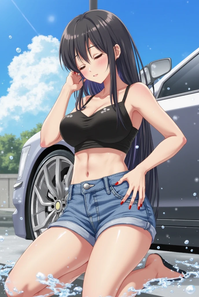 anime screencap,city, 1girl, solo, Taiwanese woman, long black hair, With bangs,1 female in, 28 yo, Beautiful face, glossy lips, red lipstick, closed mouth, smirk, big breasts, deep cleavage, pale skin, Black tight tank top, Tight Denim booty shorts, black high-heel shoes, standing. (Background: Indoors, car repair shop). The woman is an automobile repair mechanic