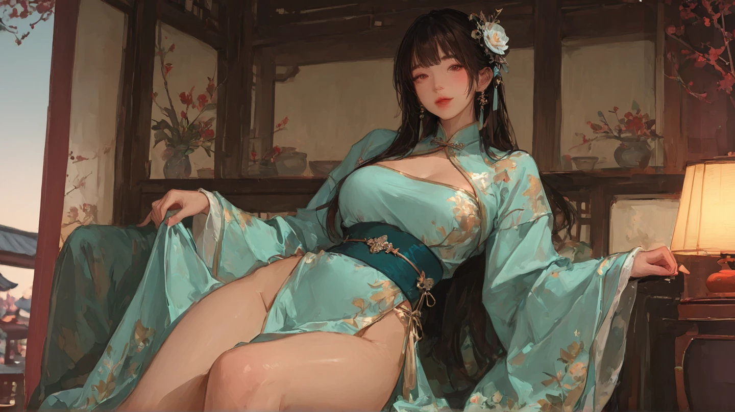 (8k, RAW Photos: 1.2), Best Quality, Illustration, Beautiful Painting, 1 sexy happy girl, Beautiful Face, Delicate Skin, Gorgeous Bun, Hair Accessories, (Hanfu:1,4), looking at viewer, ((sitting on old Chinese chair)), Chinese fan, Full Body, High Detail, Accent, Color Ink Painting, (((colorful)), lycoris, Sketch, Denoising, Dramatic, Cinematic, White background, Super High Resolution, Best Shadow, RAW, (HDR) (wallpaper) (Cinematic lighting) (sharp focuasterpiece, (Very detailed 8k wallpaper), (gigantic breasts:1.2), bamboo trees, Sakura garden, Sakura flower, (lags open facing viewer:1.5), Chinese bedroom,