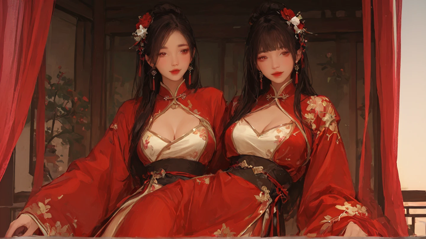 几个性感美艳的Demon Cult妖女堕落的形象。Wearing sexy ultra-low-cut Hanfu。Full body image with black as the main color。Make the characters more fleshed out。Want sexy Hanfu full body portrait of Chinese ancient costume fairy elements real photography style,Emphasis on real-life photography style。Based on real actors。The scene can be a palace,Demon Cult,battlefield。Restaurant。Costume matching。To look voluptuous, sexy, mysterious and decadent。To let people know at a glance that these people are bad women and villains。It is degenerate,只知享受醉生梦死的Demon Cult妖女。Makeup should be charming。Snake tattoos or skull tattoos can be added to the exposed skin appropriately.。The background can be designed with some flashy, extravagant and decadent atmosphere。The generated work requires the whole body to be perfectly reflected from hair to toes。Note that there should be at least two characters in the group portrait。