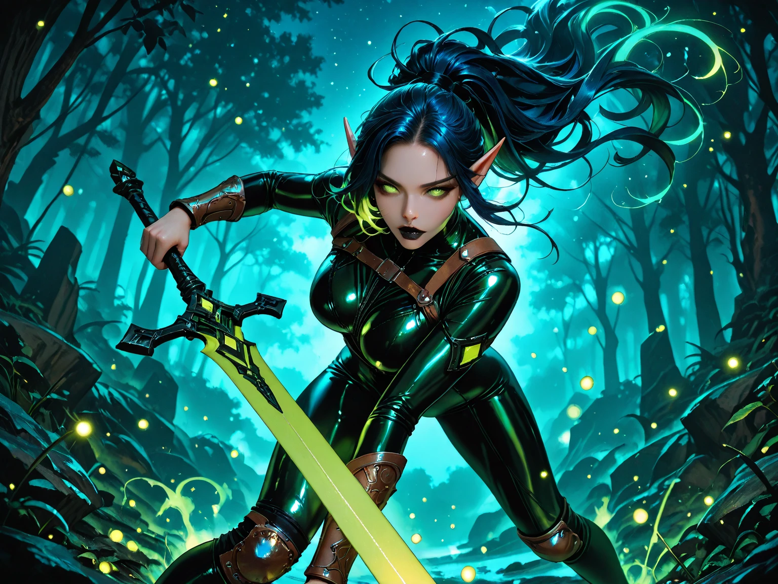(high quality), (realistic photo) Shadowy warrior woman with green hair and yellow eye, half-naked attacking enemy in a forest of fire with mist