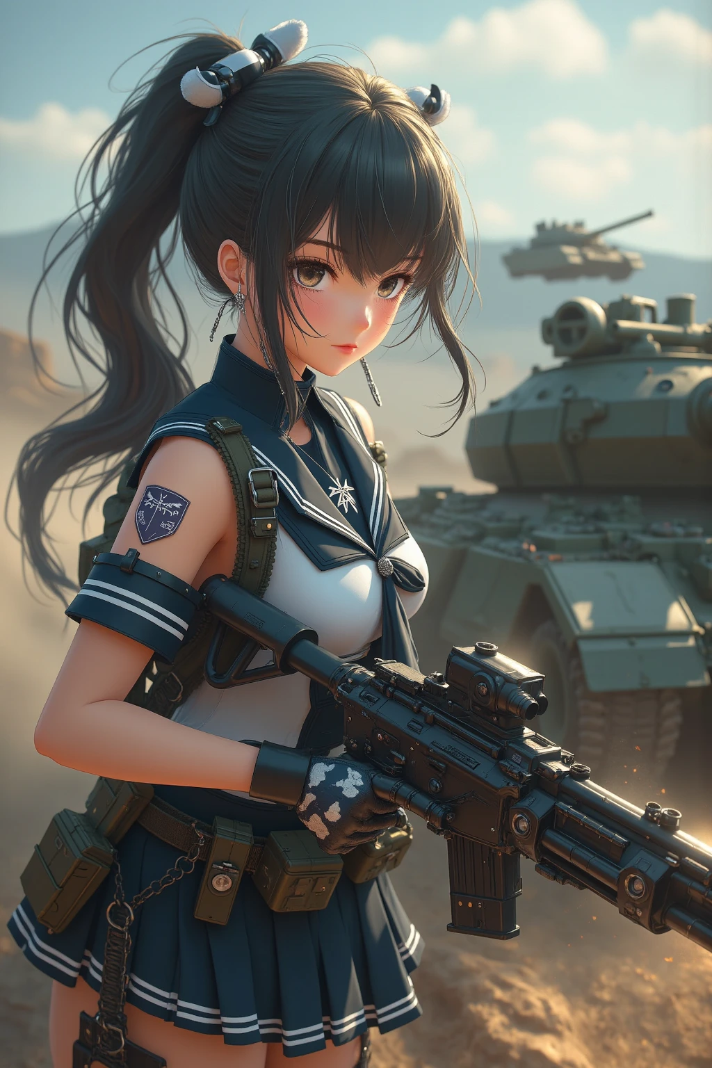 1girl, beautiful detailed eyes, beautiful detailed lips, extremely detailed face and eyes, long eyelashes, Japanese schoolgirl, super sexy school uniform, beautiful and shapely body, very curvy with huge breasts and wide hips, thick thighs, sexy pose, heavily armored combat vehicle, intricate and highly detailed mechanisms, tank cannon, machine guns, caterpillar tracks, (best quality, 4k, 8k, highres, masterpiece:1.2), ultra-detailed, (realistic, photorealistic, photo-realistic:1.37), hyperrealistic, cinematic lighting, dramatic shadows, vibrant colors, high-tech military, war, battlefield, action, concept art