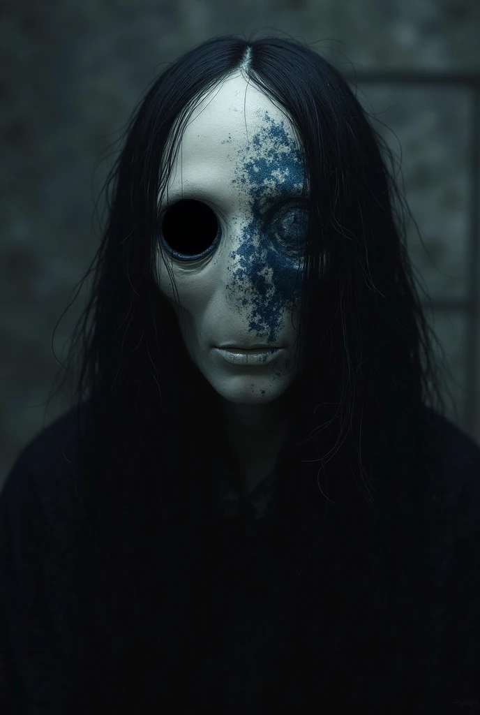 A white human face mask with black eyelids, black zippered lips, long black hair, no eyebrows.