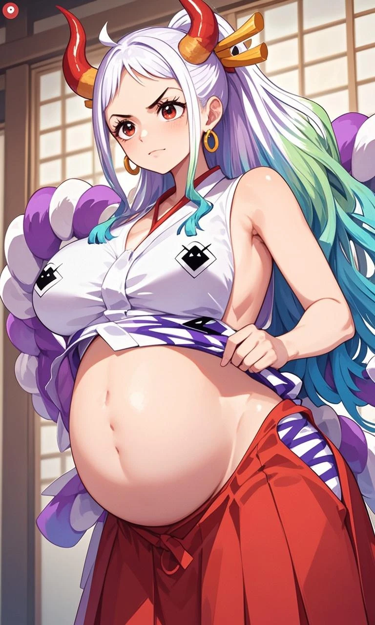Masterpiece, ((Ultra detailed backgrounds, Delicate pattern, Intricate High Details)), (highly  detailed, finedetail), Best quality,Beautiful lighting, (((mediuml breasts, lean girl, Very thin girl))), (cow boy shot),  Yamato V2, Long hair, 1girll, banya, whaite hair, Tik, their, Red horns, Spiral horn, hair adornments, (multicolored horns), jewely, Earrings, Japanese clothes, komono, hair stick, Sleeveless, Bare shoulders, aqua hair, side locks, hoop earings, hakama, ssmile, Hefty Smile, beachside，the sea，the trees,(pregnant_belly)

