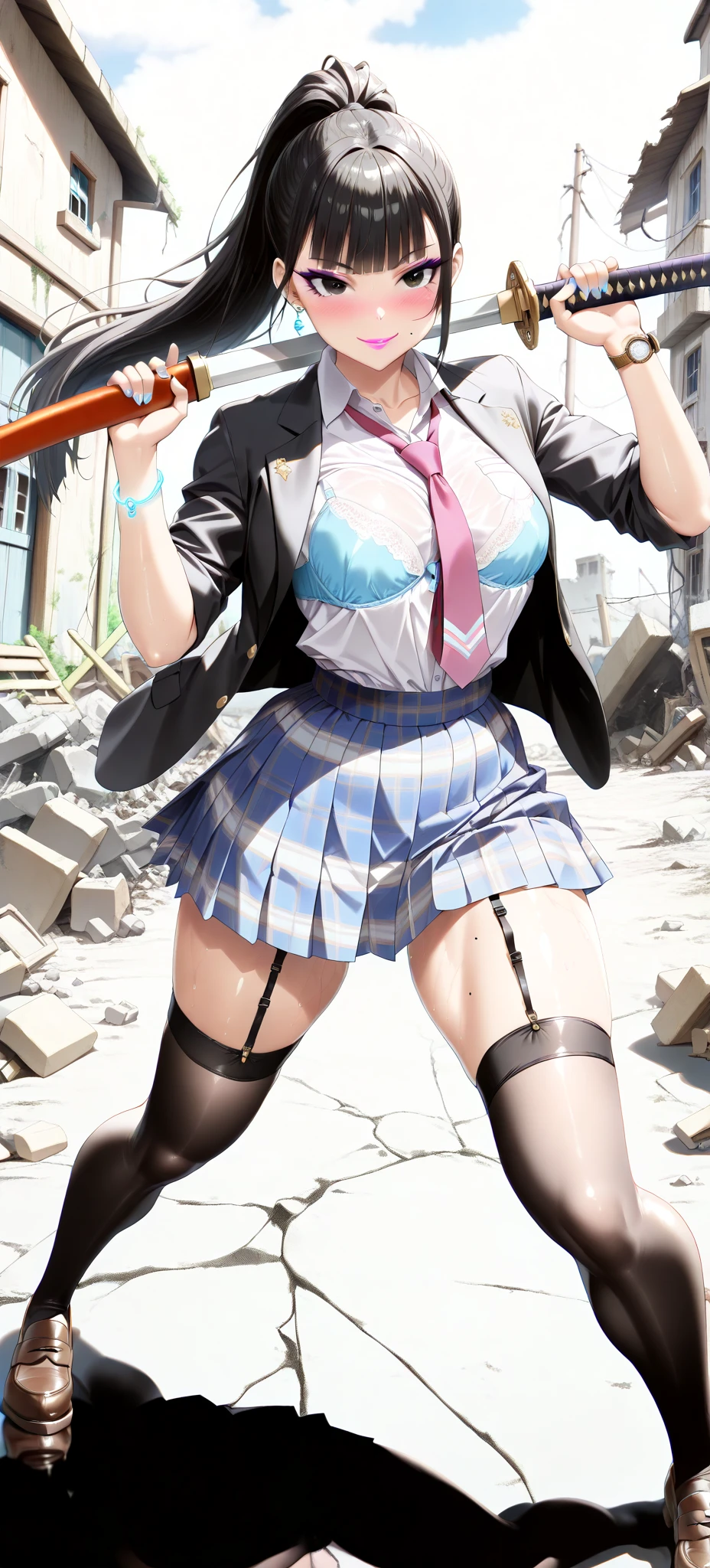 Bully student approaches me with a perverse face as I am a nerd, wearing short skirt, blonde hair, blue eyes, small firm breasts, long sexy legs, bad girl. very tall girl, photo from below the girl, bully, anger face, perspective from the ground