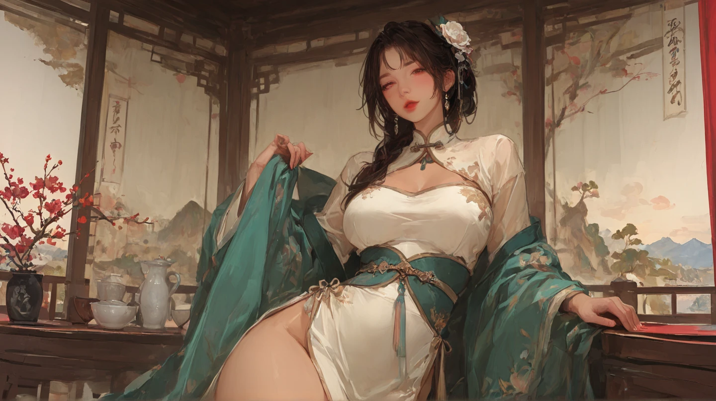 (beautiful woman wearing hanfu, exquisite eyes, Large Breasts, Beautiful hip curve, Smiling, legs spread, eternal,Push your hips forward, pubic hair, Large areola, Explicit content, Retro fashion, open mouth, best quality, 4K, 8k, High resolution, masterpiece:1.2, Super detailed, current, photocurrent, photo-current:1.37, high dynamic range, super high quality, Studio lighting, Ultra-fine coating, sharp focus, Physically based rendering, extremely detailed description, professional, bright colors, Bokeh),nude,Squat with legs open,Hands touching sexual organs,thick,thick pubic hair,Hands caressing room,stick in hand,Straddle wooden horse chair,Nice butt