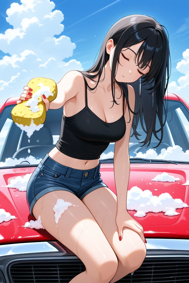 score_9, score_8_up, score_7_up, score_6_up, source_anime, rating_questionable, 1girl, lucy /(cyberpunk/), cyberpunk /(series/), sports car, sitting, on car, solo, multicolored hair, multicolored eyes, collared shirt, red shirt, tied shirt, cleavage, midriff, folded sleeves, (pleated mini skirt), blue skirt, showroom, holding, sponge, foam, wet clothes, red high heels, bucket, bent over, on car,