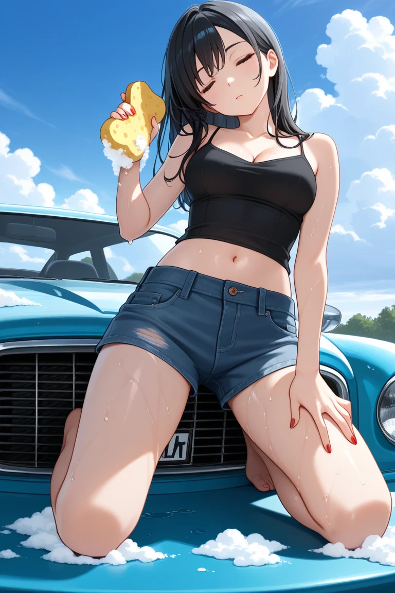 yellow bikini, short blue hair , cum on face, spread legs , big ass, in car