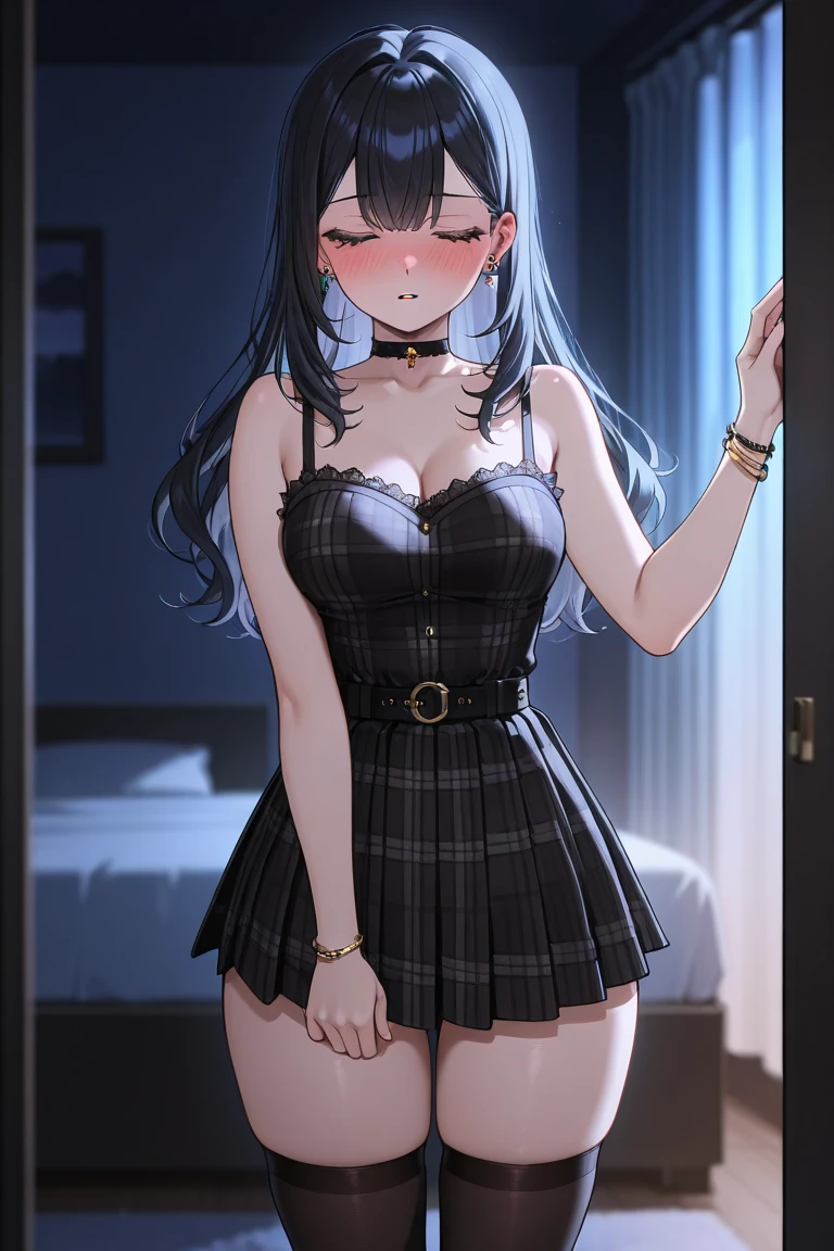 masterpiece, best quality, 1girl, solo, komi-san wa komyushou desu , black lingerie:1,2, looking at viewer, bathroom:1.2, serious face, standing:1.2, black stockings:1.2,