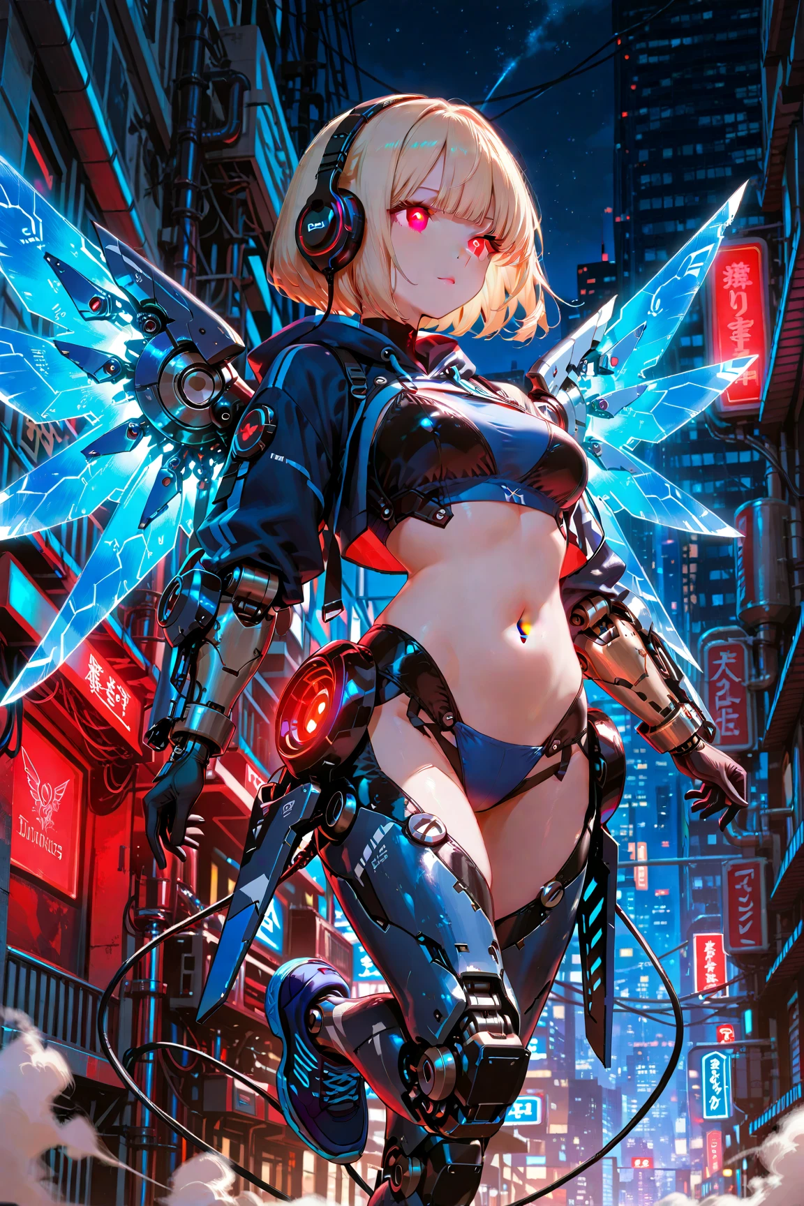 (Top Quality, 16k, Super Detailed, Detailed Face), (Masterpiece), (Perfect Anatomy: 1.4), ((Cyberpunk)), (Blown Out Skin: 1.4), (1 Girl, Solo ), (Spread out glowing mecha wing unit: 1.3), (Glowing mecha weapon: 1.2), (Mecha light gun), (Cerulean blue sky, future cityscape: 1.3), 17 years old, bright blonde hair, (Two Sides Updo, long hair), medium breasts, navel visible, wide skin area,((belly button visible, wide skin area)),