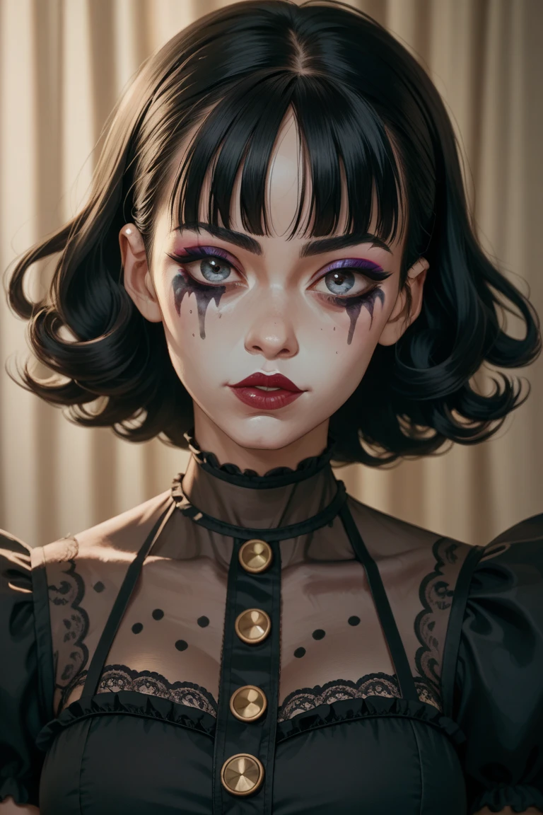 (1 girl 1.3) (extremely detailed 1.3) (anatomically correct, High precision, realistic skin) (RAW photo, Super detailed, advanced details, intricate details,), (Lighting: Face lighting, Ray tracing, reflective light, Structurally correct) ((Gothic house, candlelight 1.3)) (Subject: beautiful Asian woman with White hair in curls and coils) (wearing: white panties, topless, detailed neck wrists and fingers, ((beautiful big eyes looking up at the viewer, black shiny lipstick, perfect Asian goth cyber makeup)) thigh up shot, full body shot